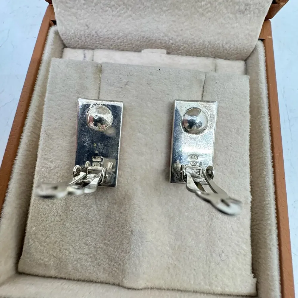 Vintage 925 Sterling & Red Coral Rectangular Clip-on Earrings
